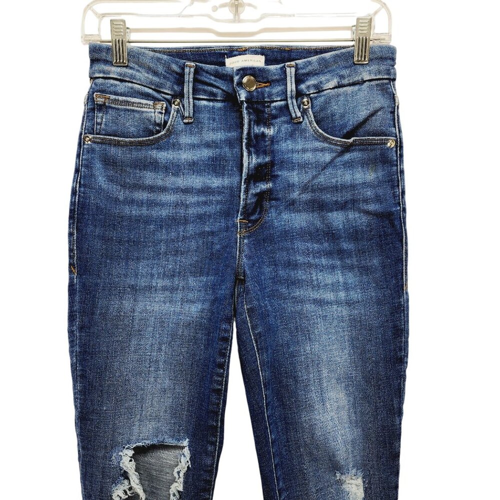 Good American Womens Distressed Skinny Jeans 4/27 Blue Denim - Picture 6 of 12
